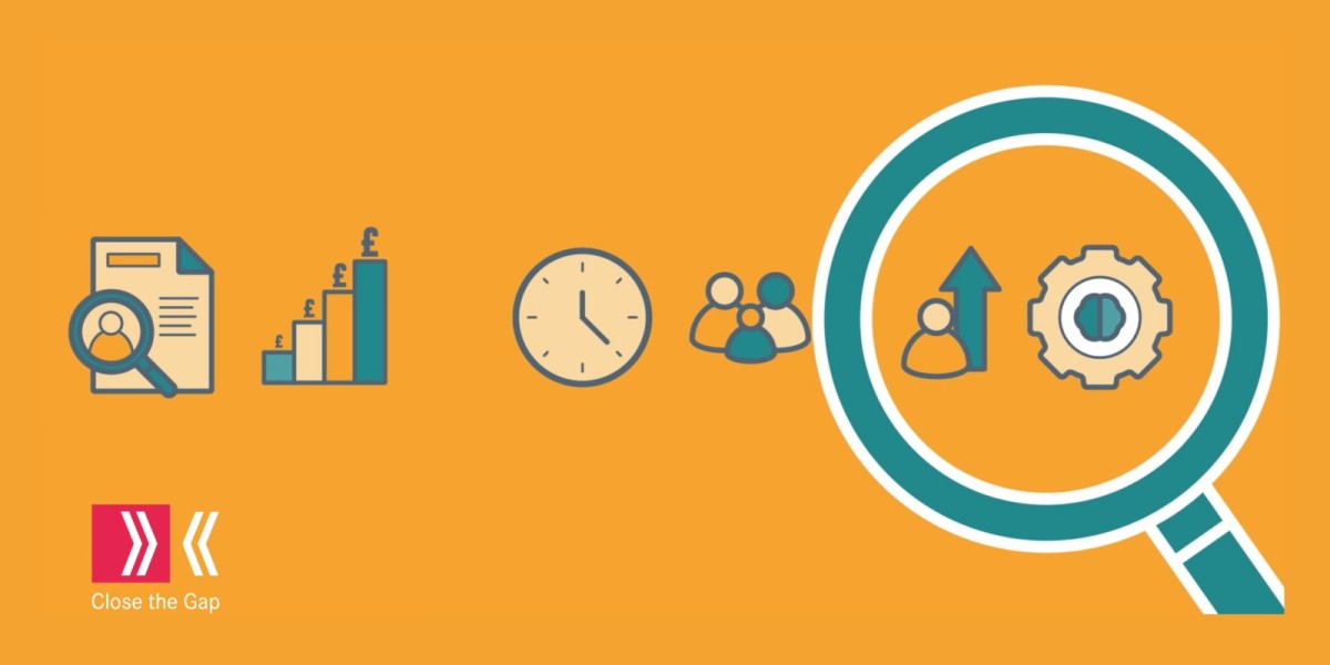 A set of graphic icons to represent different aspects of work, comprising a job application form, a salary scale, a clock, a family group, a person progressing in their career, and a person receiving training.